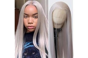 BTWTRY Ash Blonde Synthetic Lace Front Wig Long Straight Grey Lace Front Synthetic Wig Pre Plucked Natural Hairline Glueless Heat Resistant Fiber Hair Wig for Fashion Women (Ash Blonde)