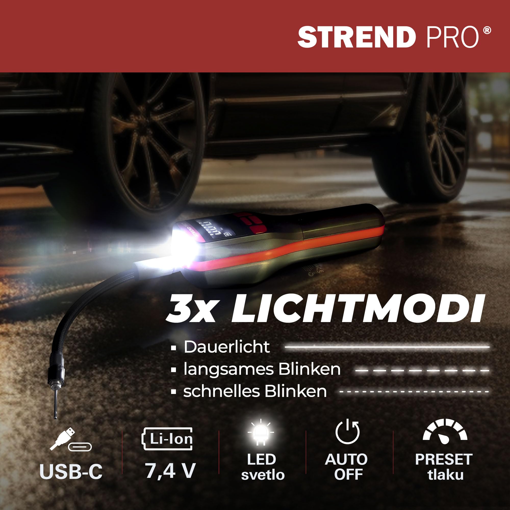 STREND PRO Mini Kompressor 10Bar | Akku Luftpumpe Auto 150PSI | LED | AUTOSTOP | Mobiler Mehrzweckkompressor - Fahrrad Pumpe, Autoreifen Akku Kompressor tragbar, Elektrische Ballpumpe | Luftkompressor 6