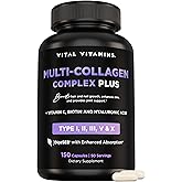 Vital Vitamins Multi Collagen Capsules with Biotin, Hyaluronic Acid, Vitamin C - Type I, II, III, V, X Peptides - Collagen Supplements for Men & Women - Hair, Skin, Nails Beauty Complex - 150 Count