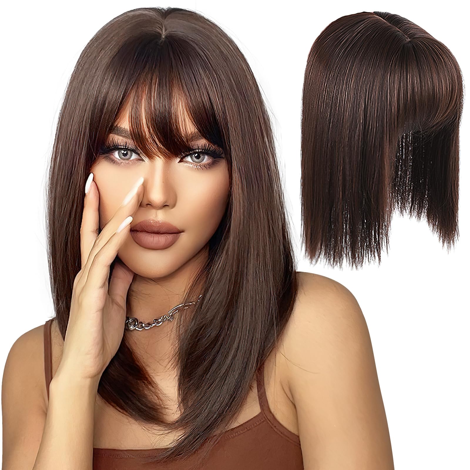 Hair Toppers for Thinning Hair - Clip-in Extensions with French Bangs, Two-Piece Clip-on Front Bangs Hairpiece, Brown