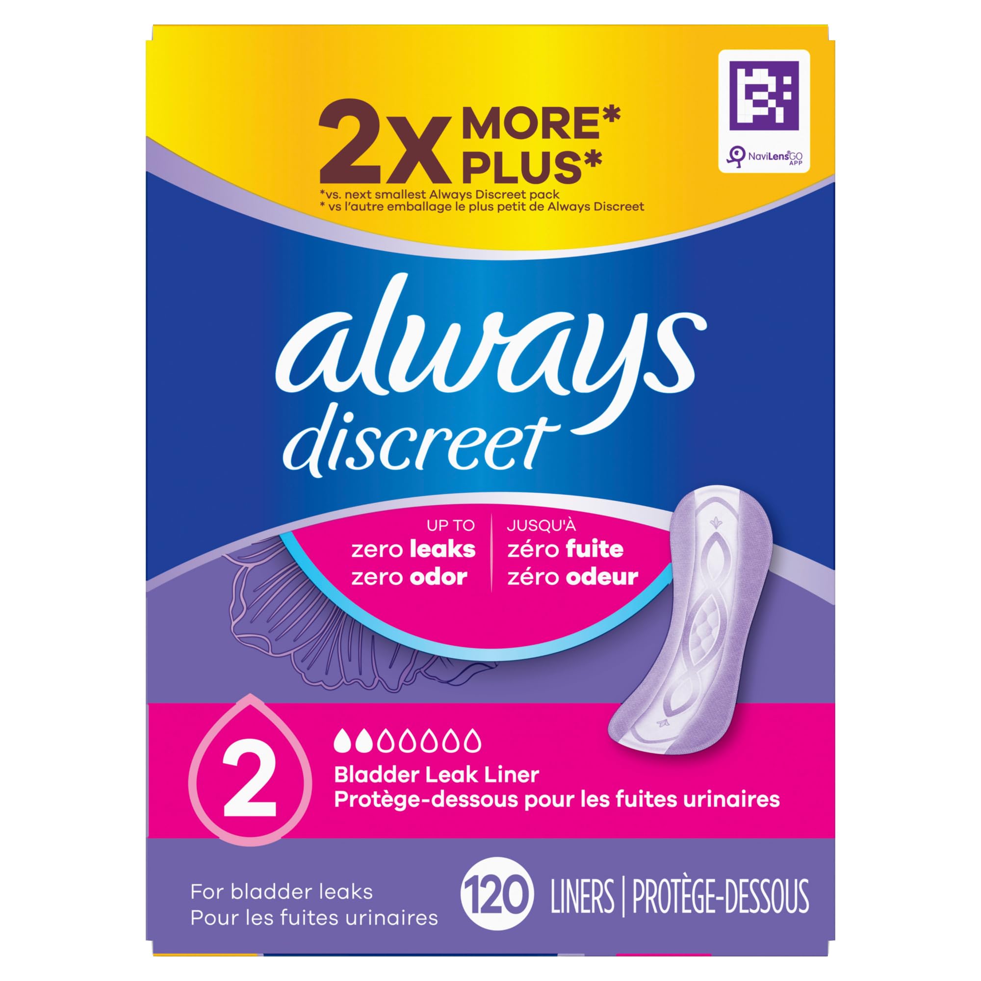 Always Discreet Incontinence Panty Liners for Bladder Leaks, Size 2, Very Light Absorbency, 120 Count