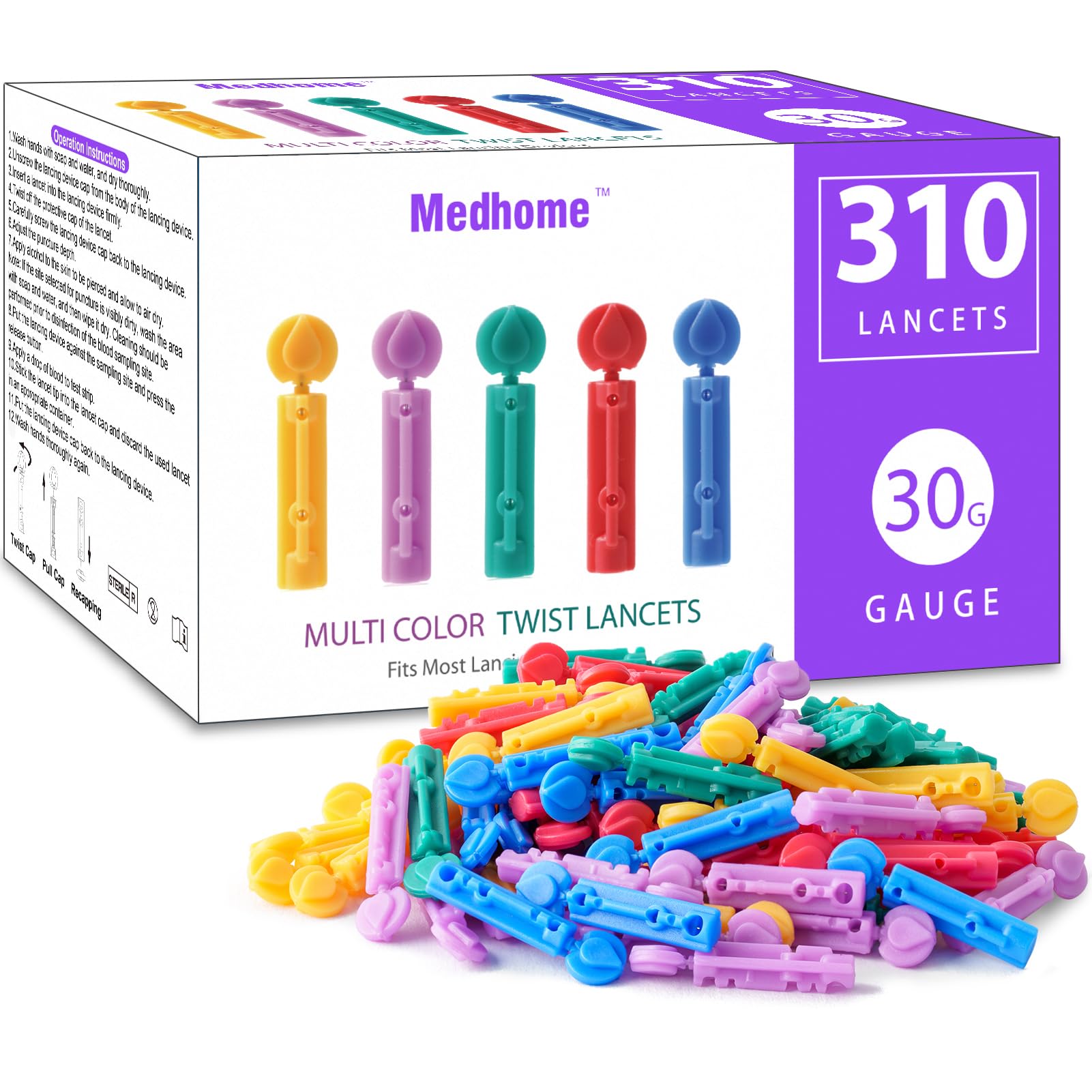 Medhome Blood Lancets, Single use, 30 Gauge Twist top Lancets for Diabetes Testing, Fits Most Lancing Devices for Blood Sugar Kit and Glucose Meter - 310 Count per Box - Multi-Color