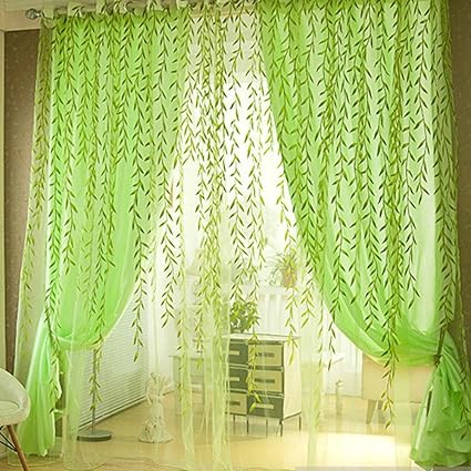 BESTVECH Pastoral Style Willow Floral Sheer Window Scarf Transparent Voile Curtains for Living Room?Bedroom Home Decor,Green,1 * 2.7m,1 Panel