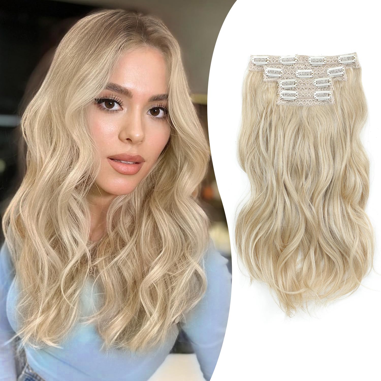 FINE PLUS Hair Extensions Clip in, 4PCS Clip in Hair Extension 14" Short Beach Blonde Wavy Hair Extensions Invisible Lace Weft Natural Soft Hair pieces for Women(Blonde)