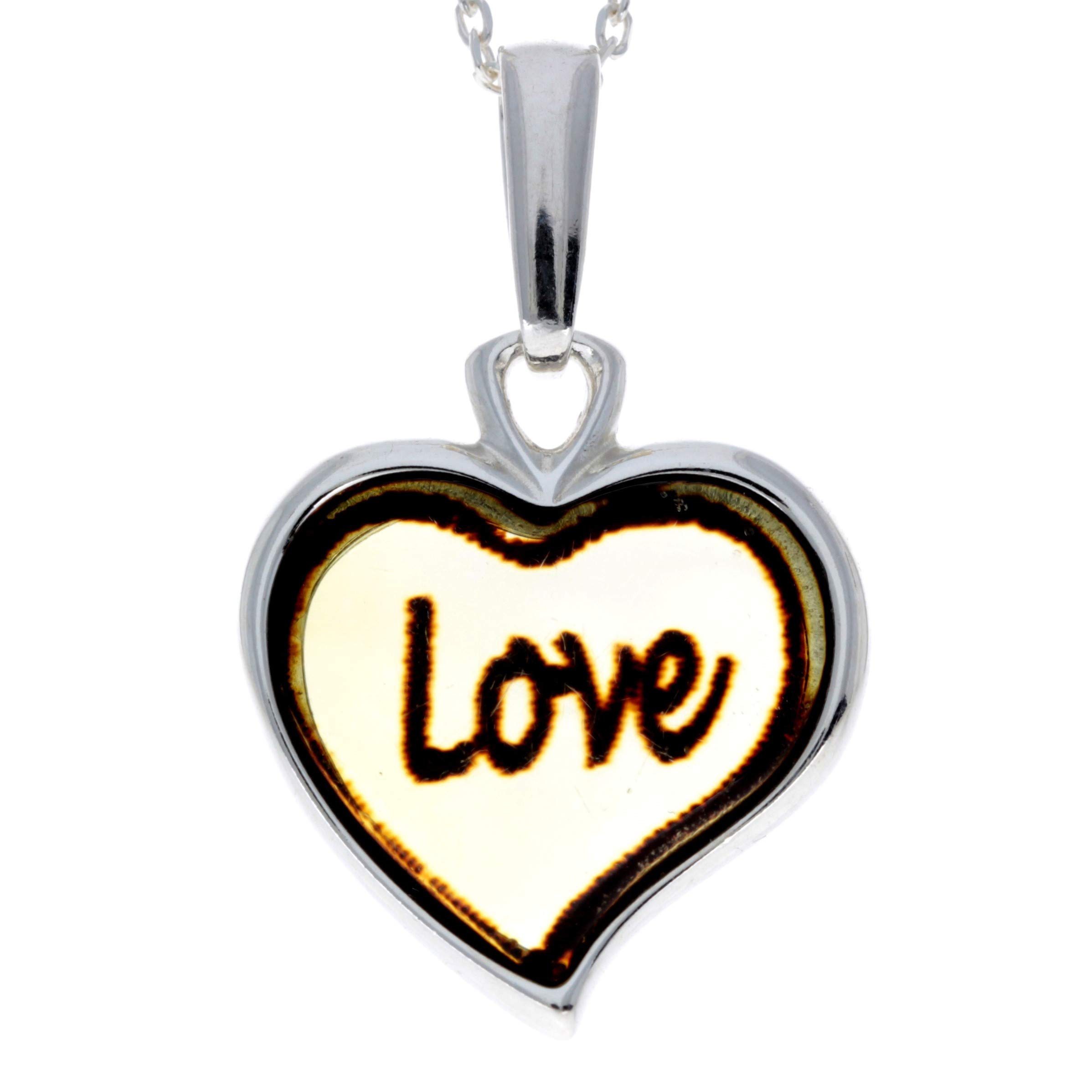 Classic Genuine Heart Love Engraved Baltic Amber & Sterling Silver Pendant without Chain - AF204L
