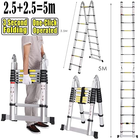 5M Teleskopleiter ausziehbare Leiter Aluleiter Ausziehleiter Anlegeleiter aus hochwertigem Alu Teleskop-Design 150 kg Belastb