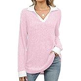BAISHENGGT Women's Contrast Collared Shirts Casual Long Sleeve Ribbed Fall Tops Lightweight Tunic Sweaters