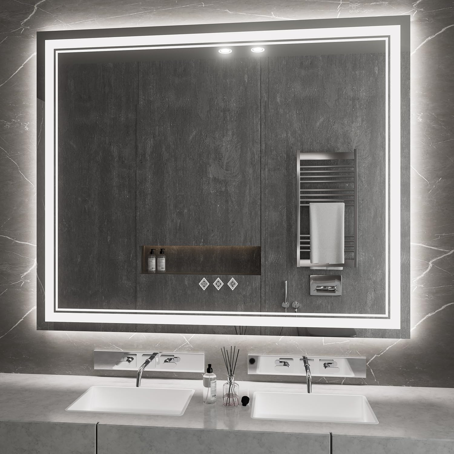 Photo 1 of **HARDWARE NOT INCLUDED**
VanPokins Vanity Mirror with Lights, 48x40 Inch Gradient Front and Backlit Smart Mirror, 3 Colors Dimmable CRI>90 Double Lights, IP54 Enhanced Anti-Fog, Hanging Plates Wall Mount LED Mirror