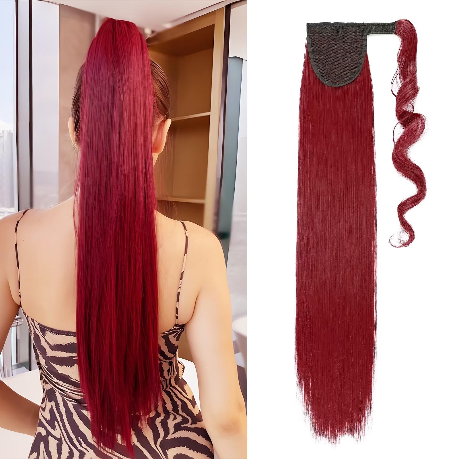 Silk-co Ponytail Hair Extension One Piece Clip in on Pony Tail Synthetic Straight Hairpieces 26" Dark Red