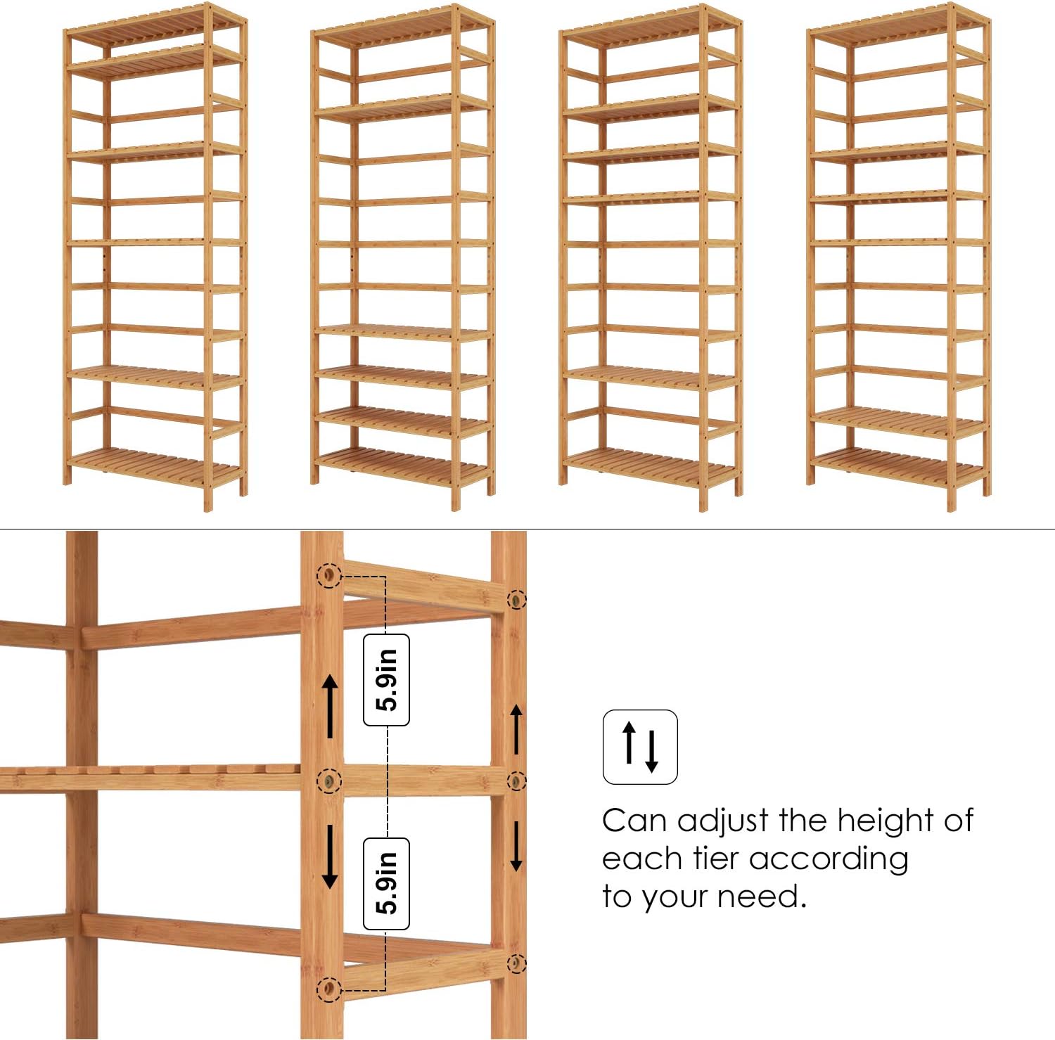 Homfa Bamboo Shelf 6 Tier, 63.4 Inches Height Free Standing Bookshelf Plant Flower Stand Rack Bathroom Storage Tower, Multipurpose Utility Organizer Shelf 100% Nature: Kitchen & Dining