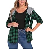 Women's Buffalo Plaid Hoodie Shirts Long Sleeve Lightweight Jacket Button Casual Fall Shirt Flannel Shacket Blouses