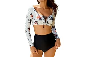 FEOYA Two Piece Bathing Suit for Women Long Sleeve Crop Top with Swim Bottom Lace Up Rash Guard Swimsuit S-XL