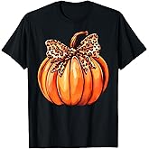 Coquette Bow Leopard Pumpkin Thanksgiving Rustic Fall Women T-Shirt