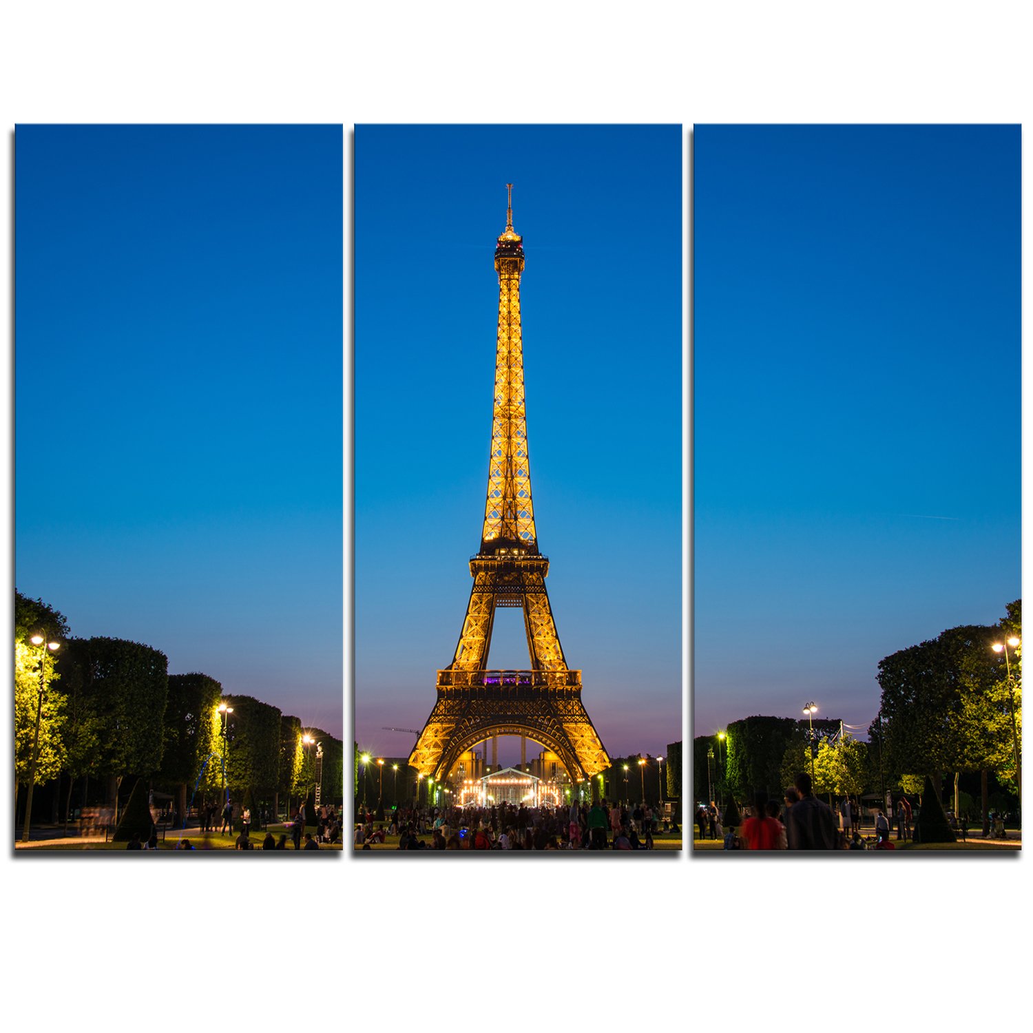 Photo 1 of (USED/FAIR) Designart Paris Eiffel Tower Night View with Lights-Cityscape Canvas Art Print-36x28in-Multipanel 3 Piece, 28'' H x 36'' W x 1'' D 3P, Blue