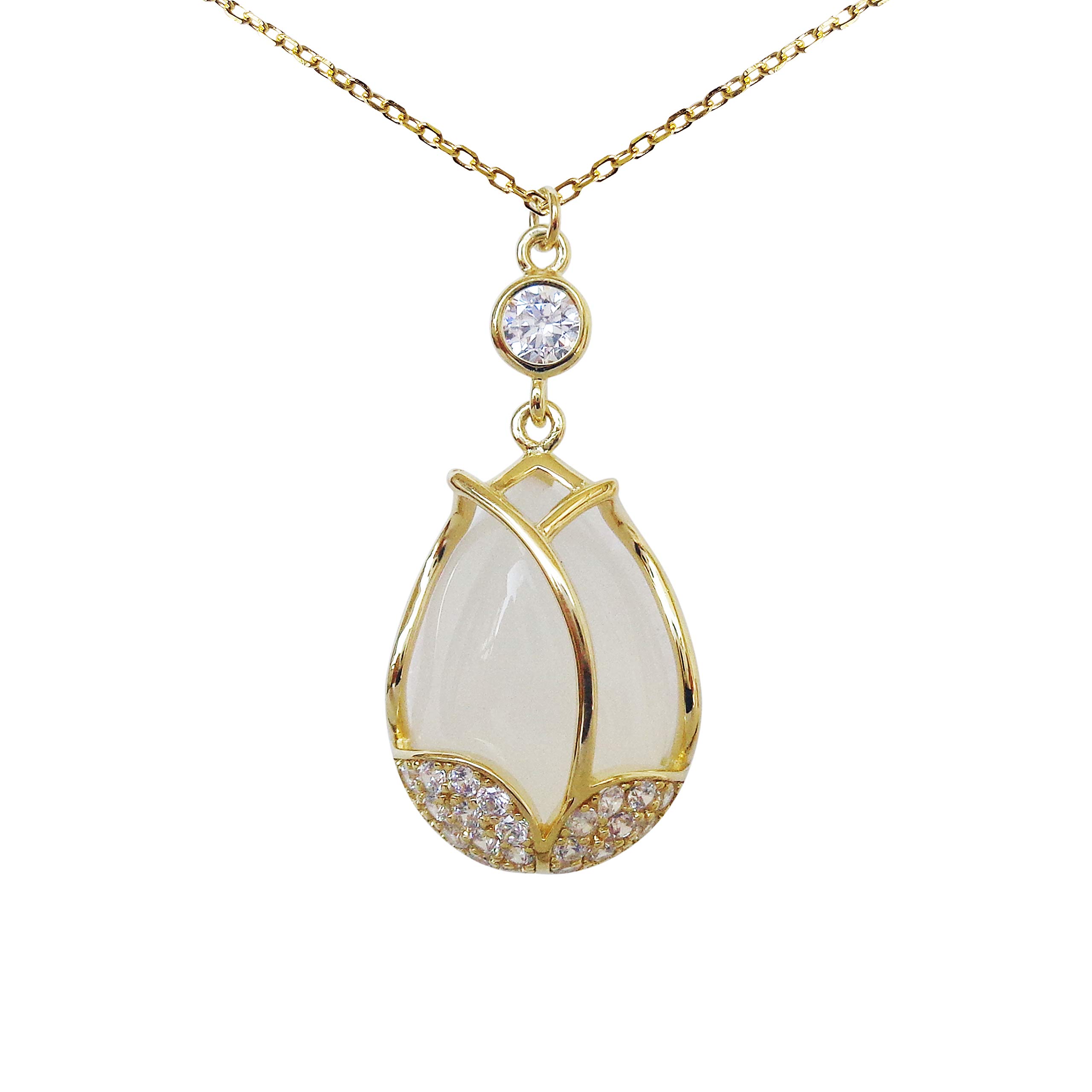Hiqmic 925 Sterling Silver Flower Bud Opal Pendant Necklace White Gold Plated Jewelry Gifts for Women 16"_WA99109-Gold