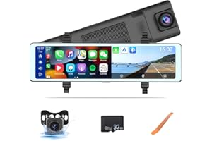 Camecho Mirror Dash Cam CarPlay & Android Auto, 11.26" Dash Cam Front and Rear Backup Camera Rear View Mirror Smart Screen for Cars & Trucks Night Vision, Parking Assistance Dual Cameras + 32G Card