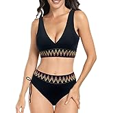 SWBALLETTO Women High Waisted Bikini Sets for Women Tummy Control Bathing Suits Color Block Drawstring Swimsuit
