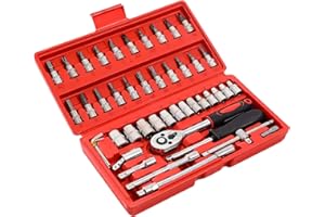 LASUND 46PCS Small Drive Socket Ratchet Wrench Screwdriver Set, 1/4 Inch Metric Socket Ratchet Wrench Set with Extension Bar, Ratchet Wrench Sockets Tool Set for Auto Repairing Household, with Storage Case