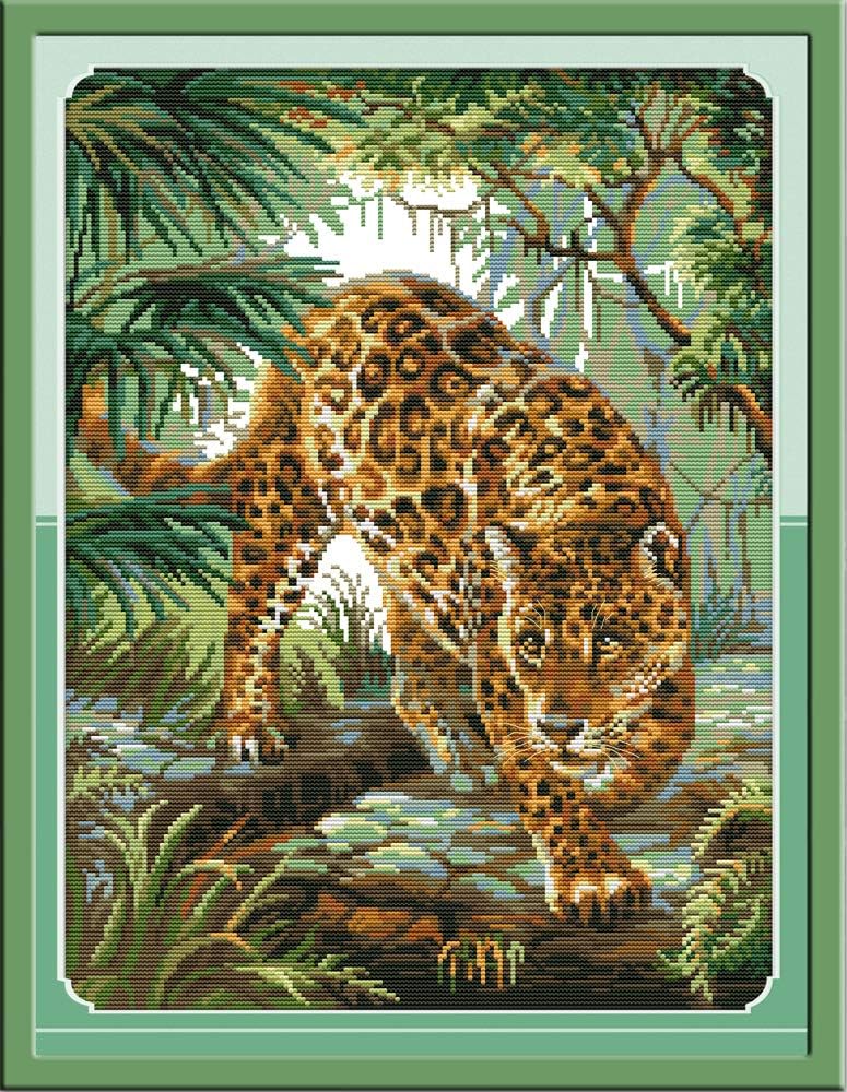 CaptainCrafts New Stamped Cross Stitch Kits Preprinted Pattern Counted Embroidery Starter Kits for Beginner Kids and Adults - Jungle Leopard (White 11CT)