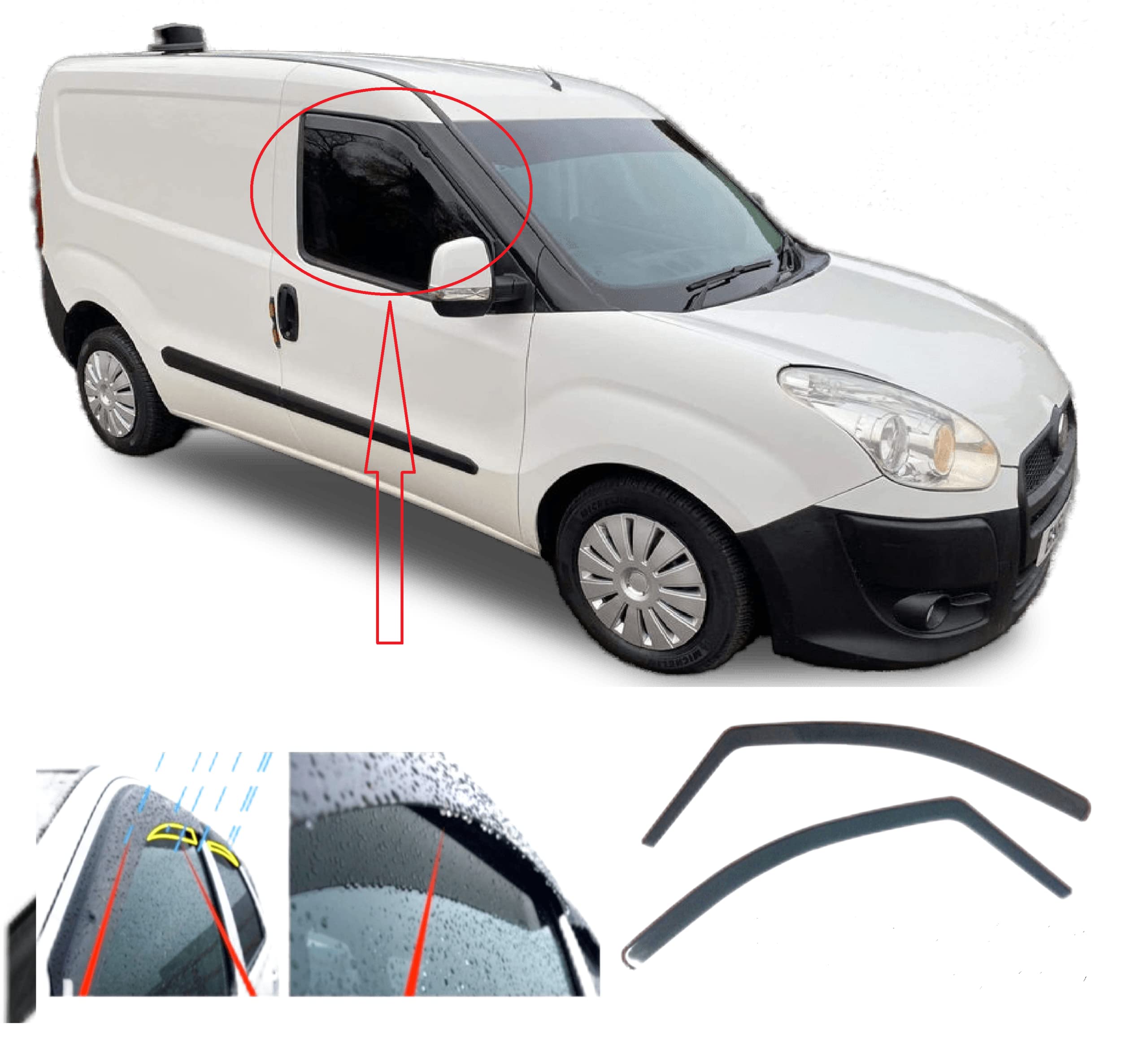 AC WOW 2x Rain Guards Wind Deflectors for FIAT Doblo/Work Up/Pratico for VAUXHALL Combo 2010-onwards Acrylic Glass Side Door Window Weather Shields