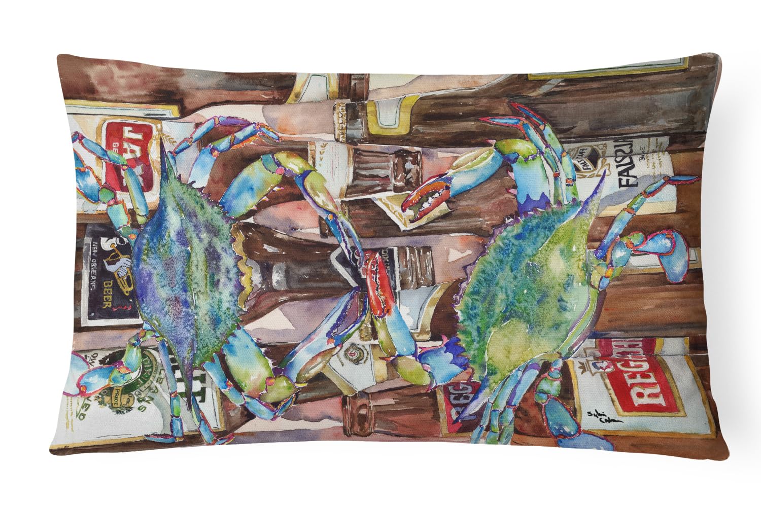 Blue Crabby New Orleans Beer Bottles Canvas Fabric Decorative Pillow