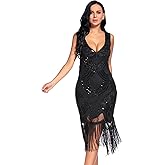 Women's 1920s Gatsby Dress V Neck Sequin Bead Fringed Cocktail Hem Flapper Dress