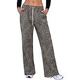 EXLURA Women's 2025 Fall Leopard Print Fleece Wide Leg Sweatpants Elastic Waist Drawstring Y2K Trousers Cheetah Pants Pockets