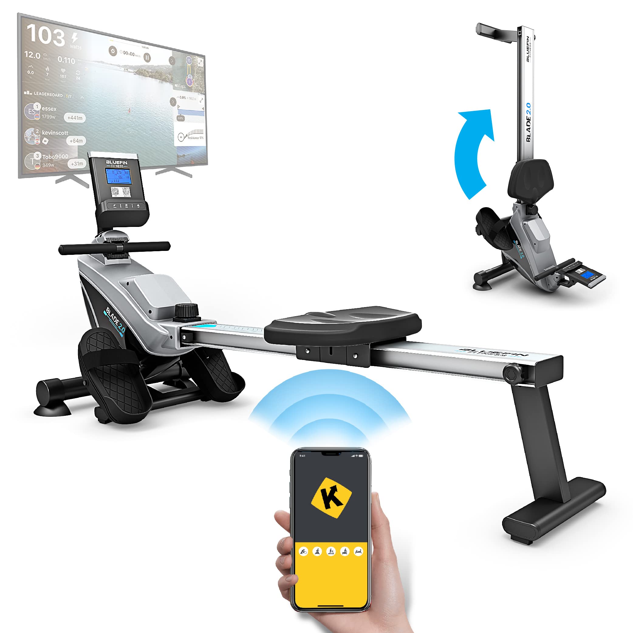 Bluefin Fitness BLADE Home Gym Foldable Rowing Machine | Magnetic Resistance Rower | Kinomap | Live Video Streaming | Video Coaching & Training | LCD Digital Fitness Console | Smartphone App