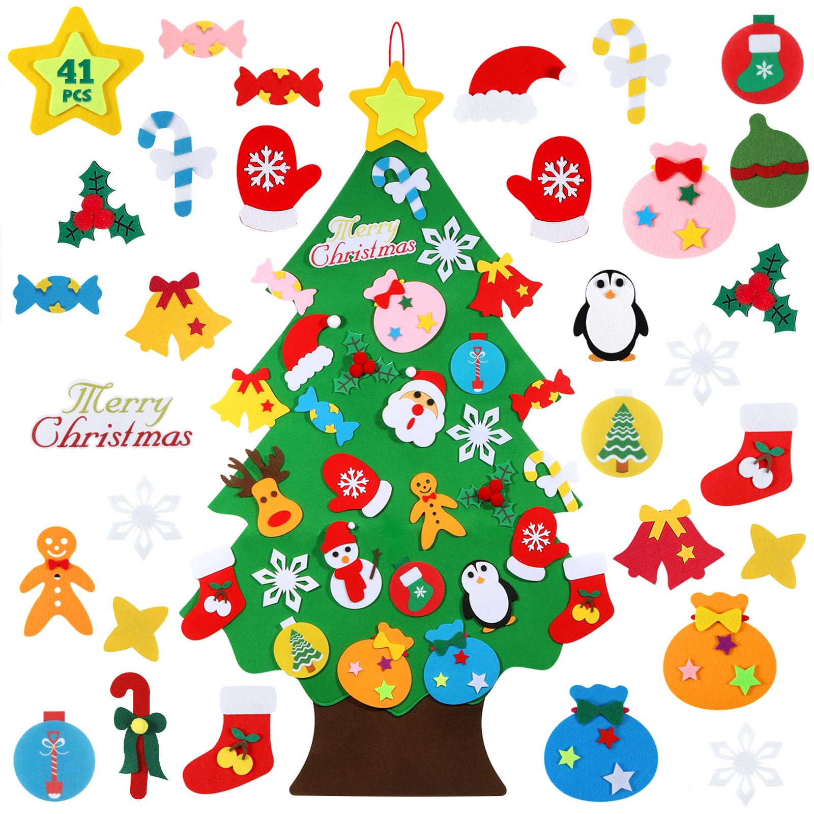 Hutiklalgs Felt Christmas Tree - 3.6 FT 3D DIY Set for Kids with 33 Pieces of Ornament Decor, Wall Hanging Christmas Tree Decorations
