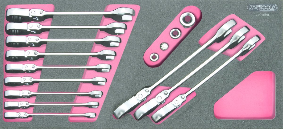 KS Tools 713.2028 GearPlus Ratchet Combination Wrench Module Tilt and Lock with 16 Pieces