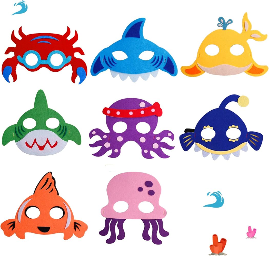Amazon Com 8 Assorted Ocean Felt Animals Masks Bulk For Kids Party Shark Octopus Dress Up Masks Costumes As Boys Girls Under The Sea Themed Birthday Party Supplies Clothing