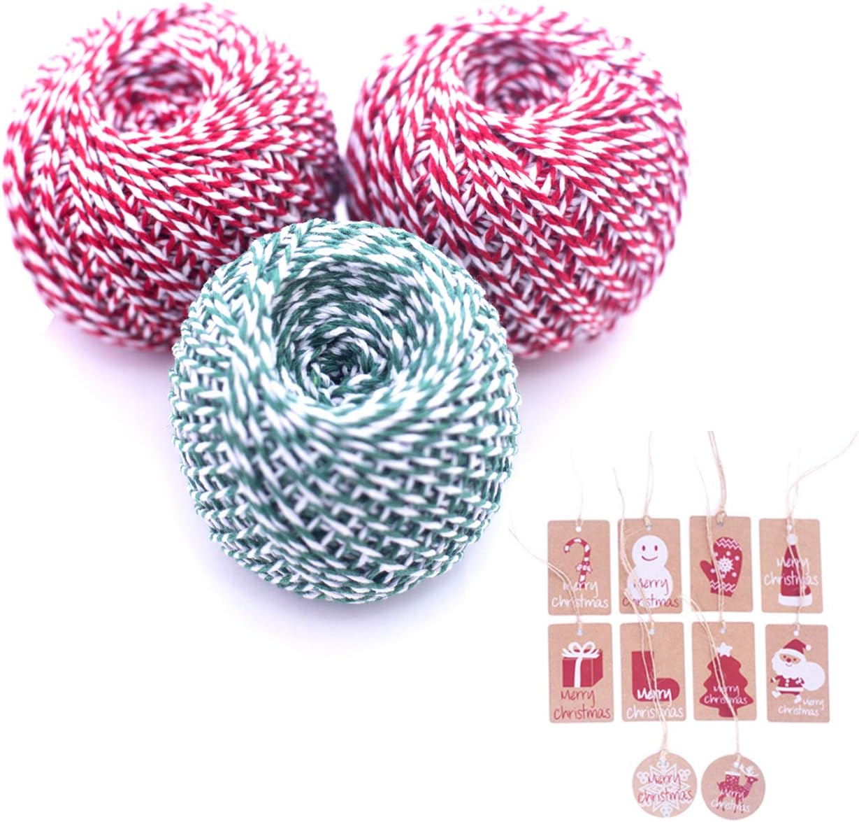 WylbJc 3 Roll 80M (Total 240M) Christmas String Cotton Rope Ribbon Bakers Twine for Floristry, Gift Wrapping, Garden and Home Decoration 2MM in Diameter (1 Green + 2 Red) with 10Pcs Xmas Gift Tags