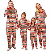 VNVNE Matching Christmas Onesie Pajamas Set for Family/Couples/Women/Men, One Piece Xmas Pjs Hooded Zipper Printed Sleepwear