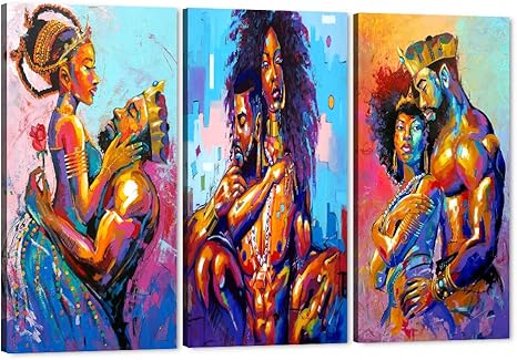 Amazon Com 3 Pieces African American Canvas Wall Art Black Art King And Queen Paintings For Wall Egyptian Crown Black Lover Framed Poster For Bedroom Living Room Decor Framed Ready To Hang 60