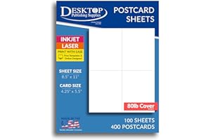 DESKTOP PUBLISHING SUPPLIES Heavyweight Blank Postcard Paper for Printing - 100 Sheets / 400 Postcards - White - Perforated 4 per Sheet - Thick 80lb Cover Cardstock - Inkjet/Laser Printable