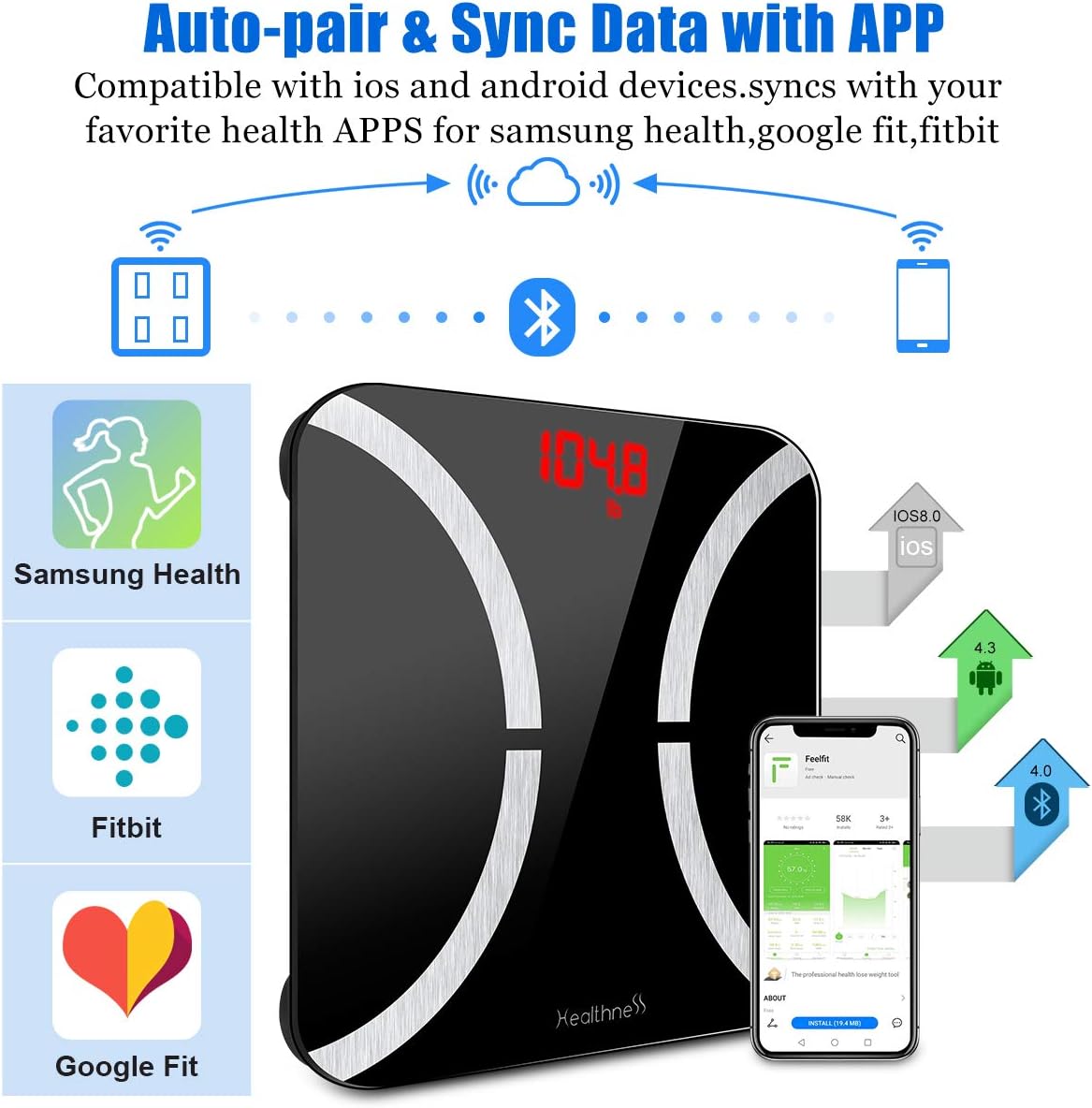 Bluetooth Body Fat Scale, Digital Bathroom Scale Weight Scale with BMI and Body Fat Percentage, Wireless Smart Scale Body Composition Analyzer Health Monitor with iOS Android App for Weight Loss: Health & Personal Care