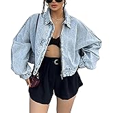 Qazel Vorrlon Womens Oversized Cropped Denim Jacket Zip Up Light Wash Blue Bomber Shacket Jean Jacket for Women Trendy 2025