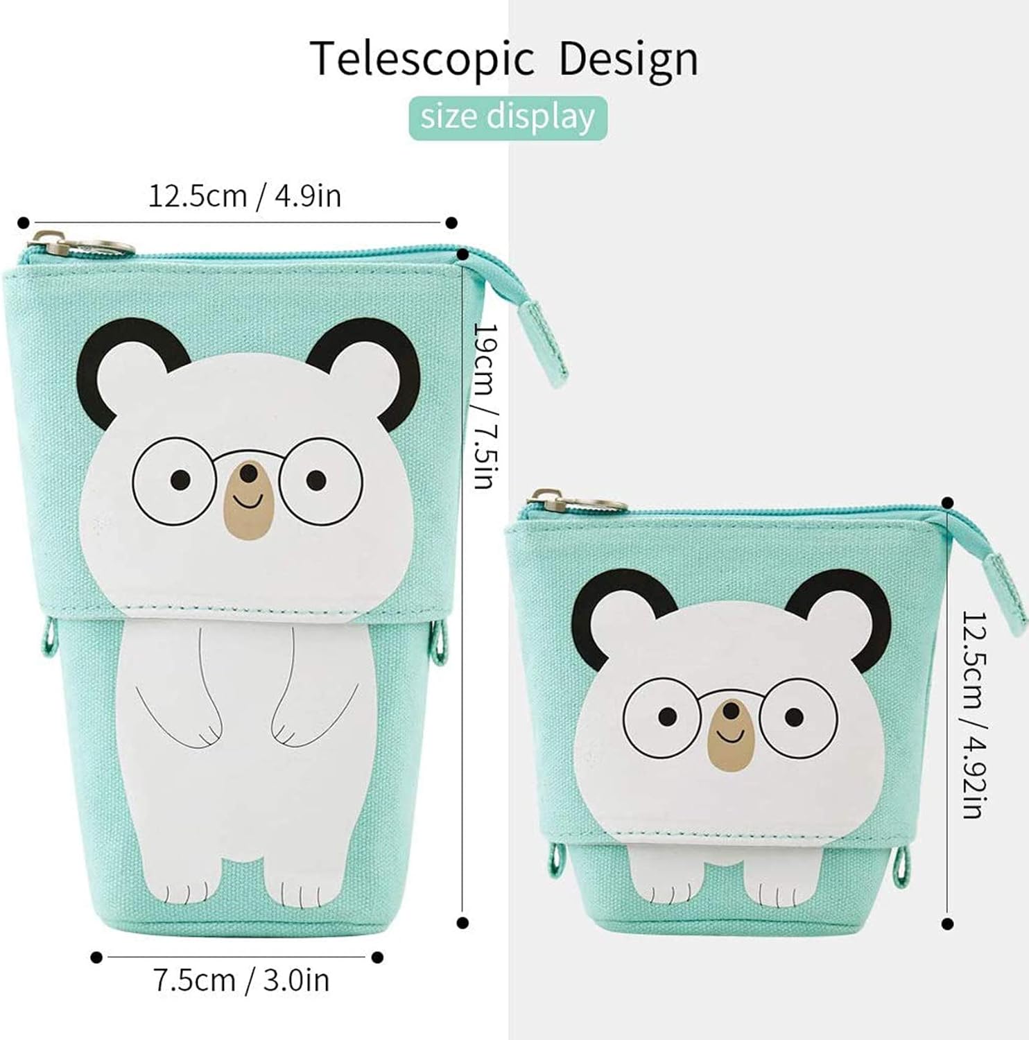 Telescopic Pencil Pouch Bag Standing Pen Holder Canvas Cartoon Cute Cat Pen Case Cosmetic Bags for Boys Girls Students and Office Supplies (Spectacled Bear) - Image 3