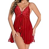 LNRFHI Women Lingerie Front Closure Babydoll Lace Chemise V Neck Ruffle Nightgown Sexy Sleepwear
