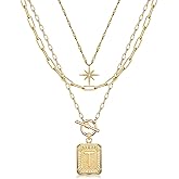 MJartoria Layered Initial Necklaces for Women Trendy, 14K Gold Plated Brass Simple Star Choker Square Letter Pendant Necklace, Paperclip Chain Necklaces Jewelry Gifts