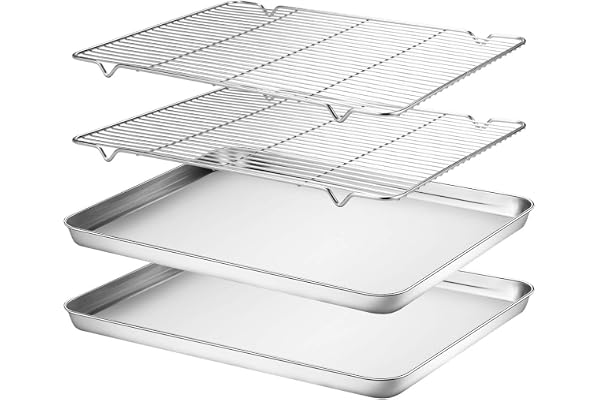 Wildone Stainless Steel Baking Set [2 Sheets + 2 Racks], Size 16 x 12 x 1 Inch, Non Toxic & Heavy Duty & Easy Clean