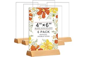 DUNGU Acrylic Sign Holder 4 x 6 - Wedding Table Number Holder with Wood Base, Double Sided Picture Frames, 6Pack Clear Table Menu Display Stand for Centerpiece,Decoration,Party,Restaurants Office Store