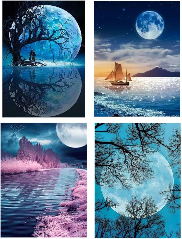 4 Pack DIY 5D Diamond Painting Kit, Full Drill Acrylic Mosaic Moon/Sunrise Diamond Embroidery Cross Stitch Home Wall Decor Arts Craft Canvas,Funny Handmade Art Kits for Families (11.8x15.8inch)