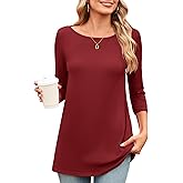Amoretu Womens Long Tunic Tops 3/4 Sleeve Shirts Boat Neck Tees