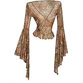 Milumia Women's Boho Paisley Long Bell Sleeve Mesh Top V Neck Ruffle Sheer Crop Tops