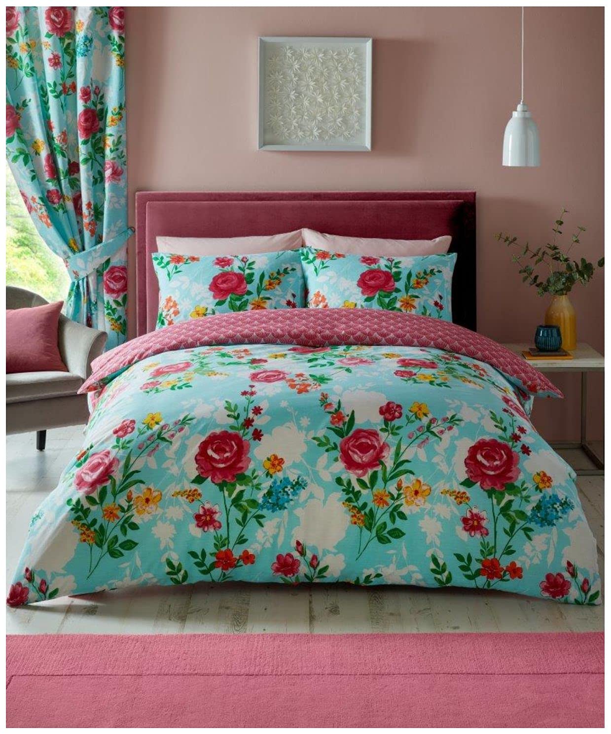 GC GAVENO CAVAILIA Easy Care Floral Duvet Cover Soft and Cozy Reversible Flower Print Quilt Bedding Set, Polycotton, Aqua Blue-Ciara, Double