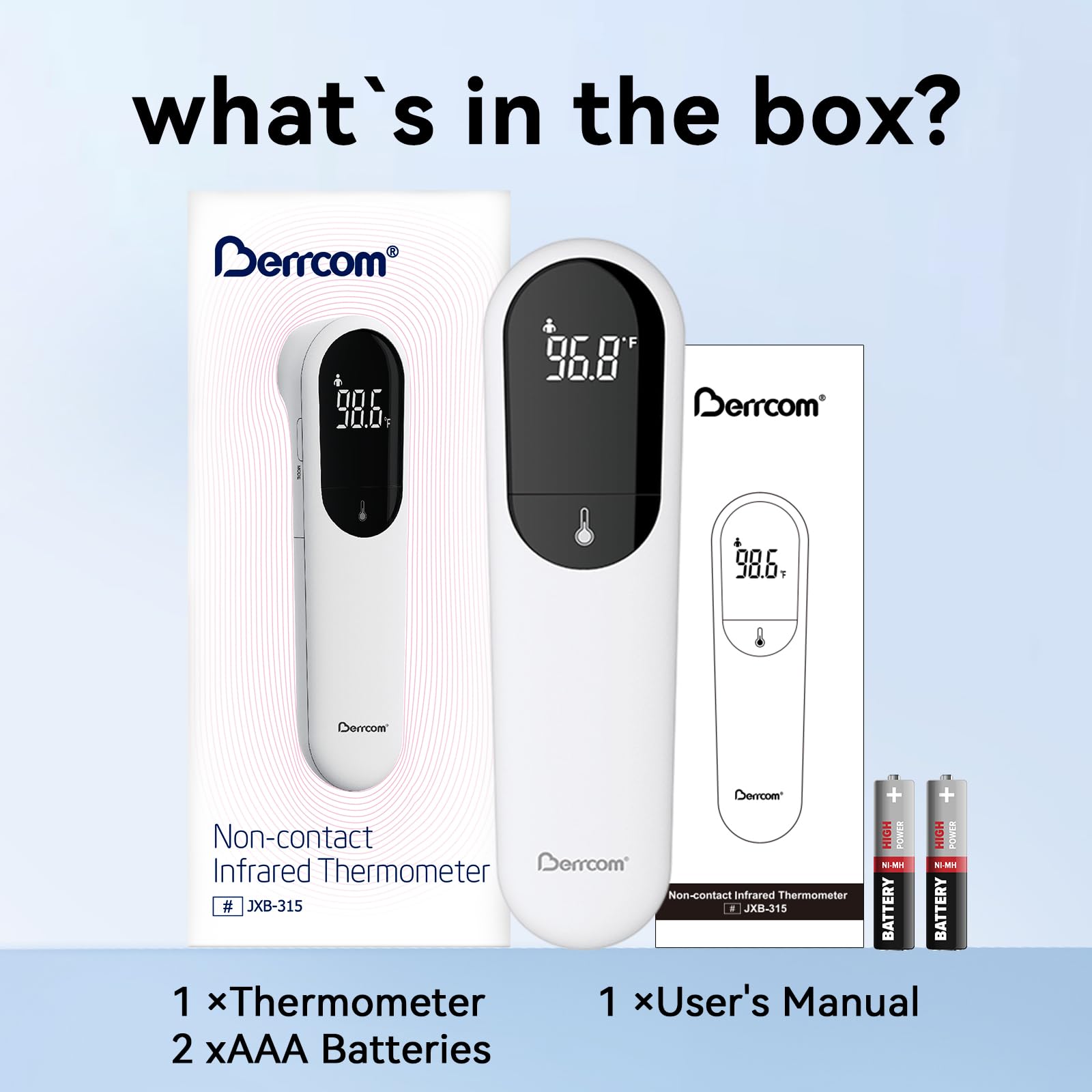 Berrcom No-Touch Forehead Thermometer for Adults, Kids, and Babies, Digital Infrared Medical Thermometers with Fever Alarm, LED Display, Dual Probe Technology