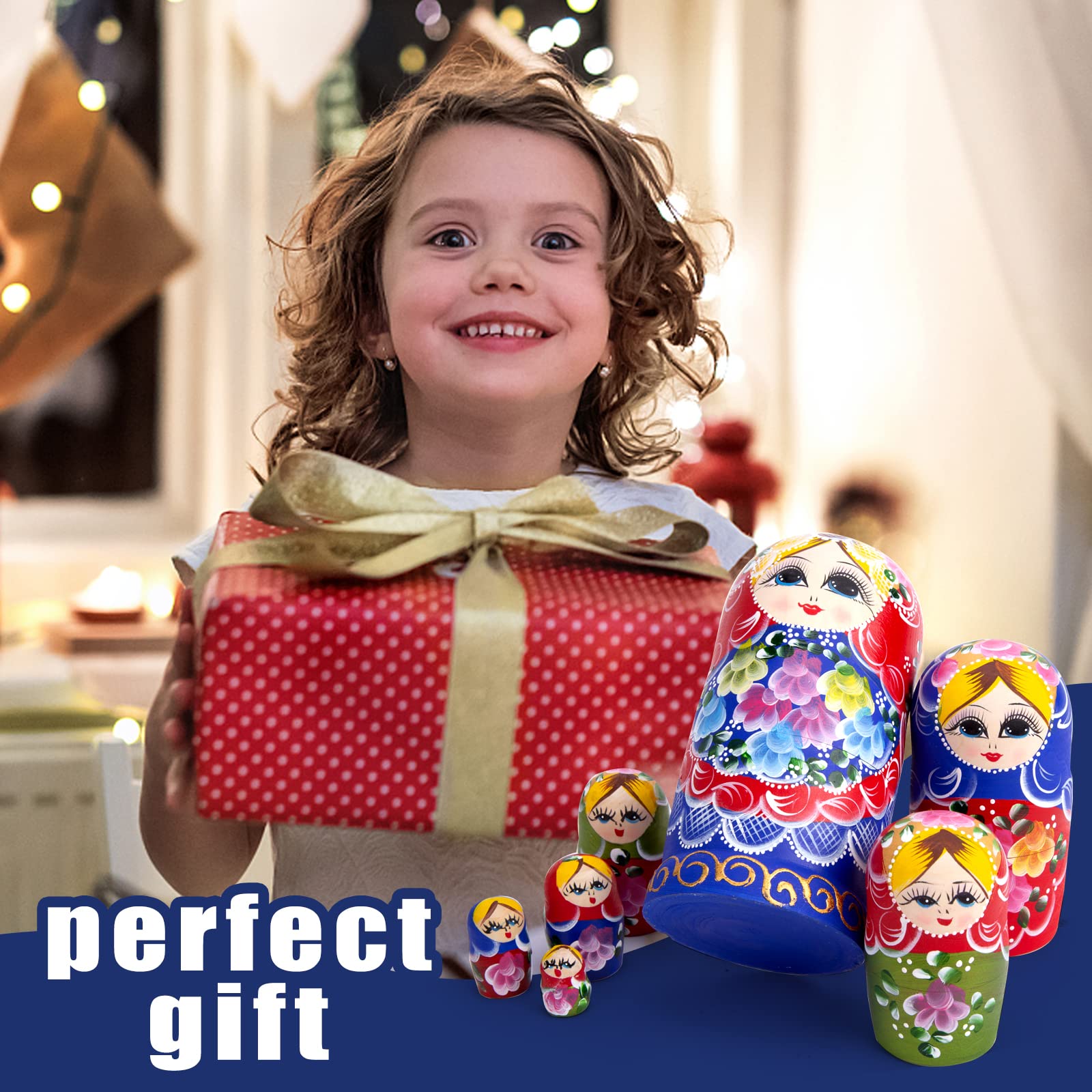 AMOR PRESENT Russian Nesting Dolls, 7PCS Wood Nesting Dolls Matryoshka Stacking Nested Set for Christmas Children Kids Birthday Gift