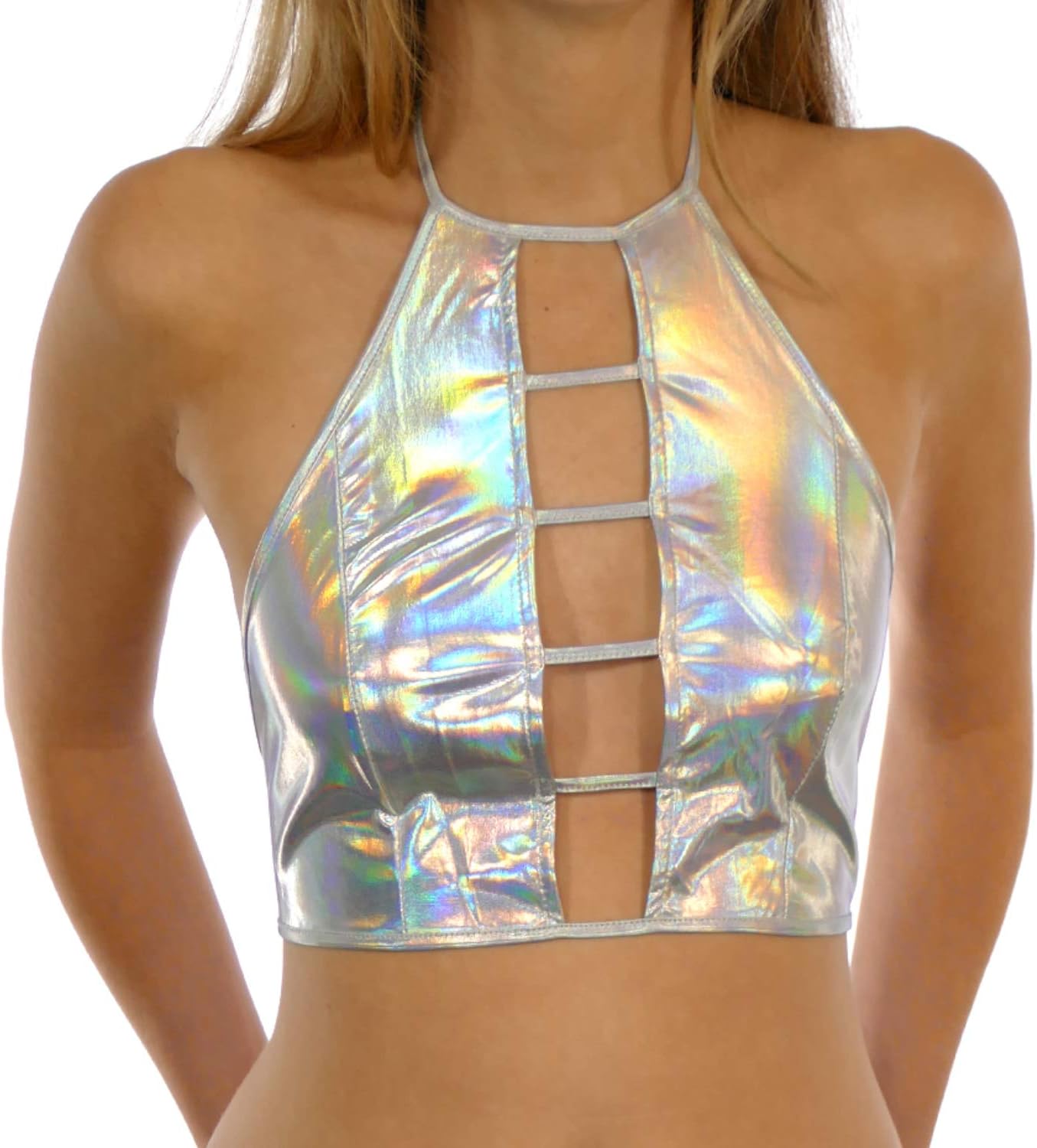 Shop DelfinaHolographic Festival Rave Wear Women's Metallic Crop Top