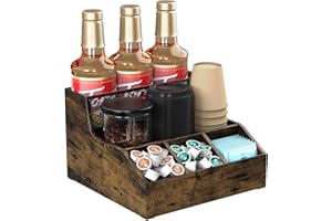 Kssiaz Coffee Station Organizer for Countertop, Wood Coffee Bar Organizer, Tea Condiment Storage for Pods, Syrup, Cups, Stirrer, Tea, Kitche Office Countertop, Brown